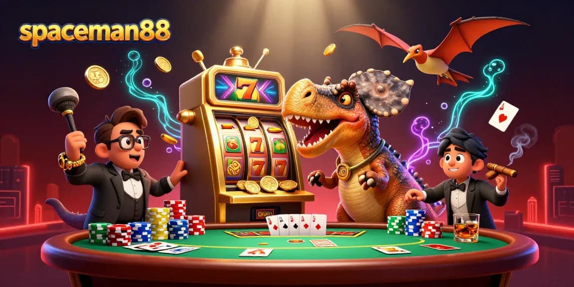 spaceman88 slot machine pays out coins amid a colorful casino scene with dinosaur characters.