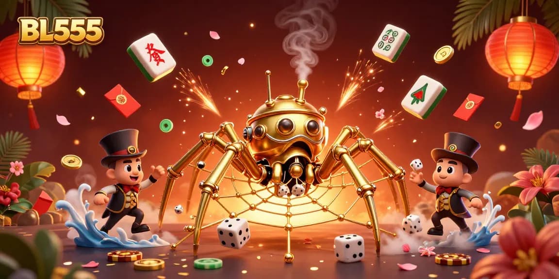 Experience BL555 with a vibrant illustration of a steampunk spider weaving a golden web in a lively casino scene.