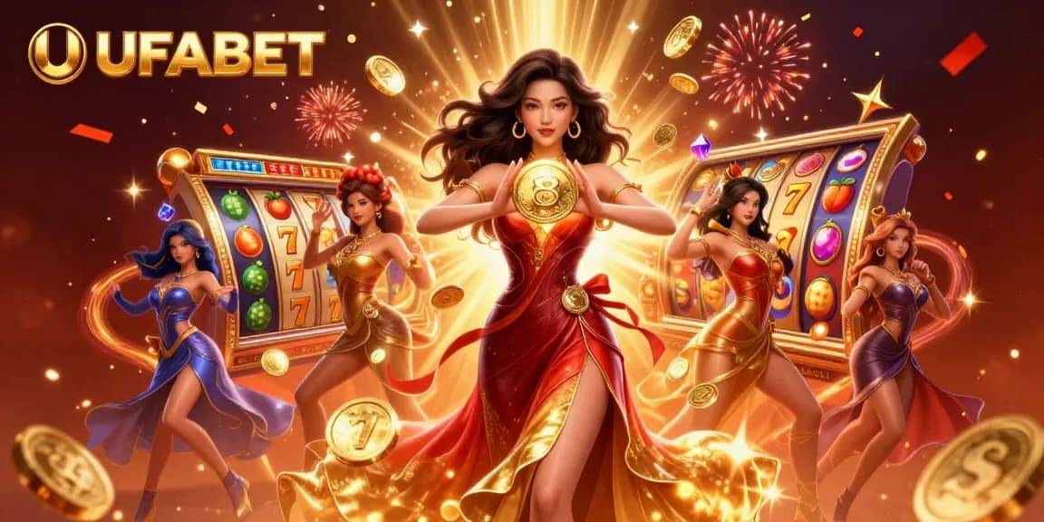 Experience winning with UFABET featuring a gorgeous Asian woman and vibrant slot elements in a 3D illustration.