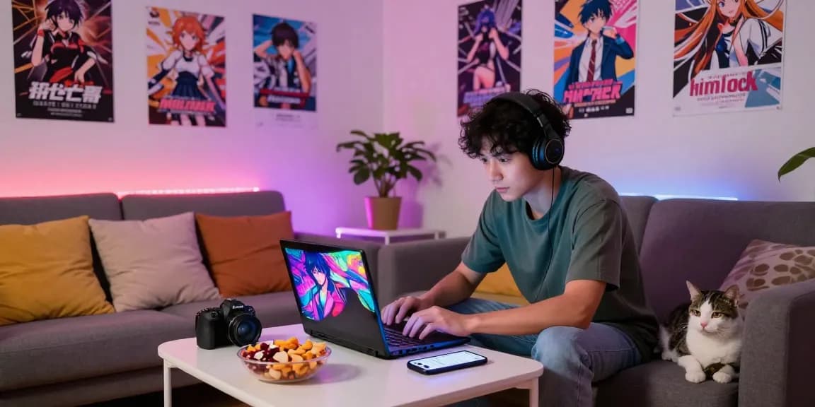 Gamer enjoying html ecchi games in a colorful living room setting.