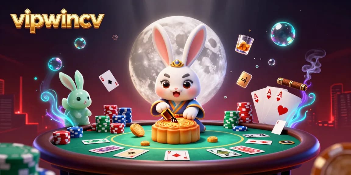 Enjoy thrilling poker adventures with vipwincv as a cartoon moon rabbit reveals poker chips inside golden mooncakes.