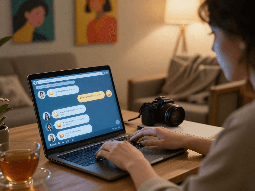 Engaging in ai sex chat through a cozy digital chat interface, illustrating intimate conversation.