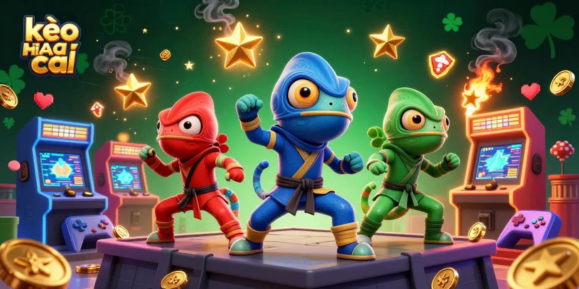 Experience thrilling kèo nhà cái action with vibrant visuals of chameleon ninjas and casino elements.