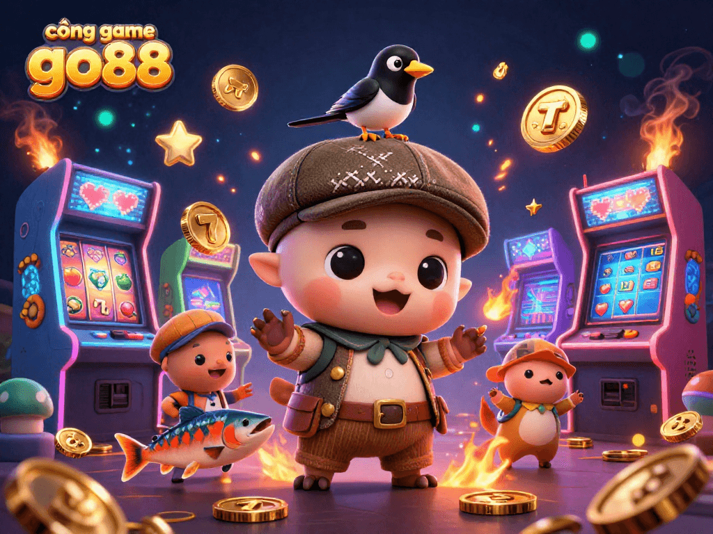 Experience the excitement of cổng game go88 in this vibrant 3D casino-themed illustration with fun characters and game elements.