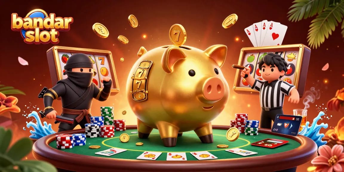 Experience epic wins at bandar slot with engaging symbols and lively characters in this vibrant casino scene.
