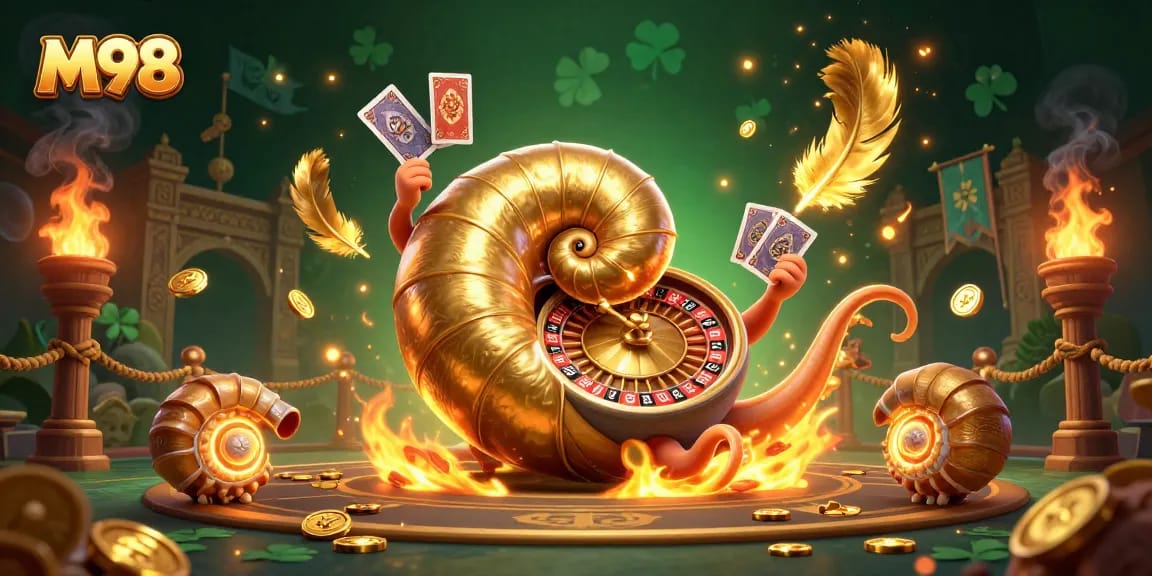 M98 showcases a dazzling ancient nautilus roulette wheel amidst golden casino elements in a vibrant 3D scene.