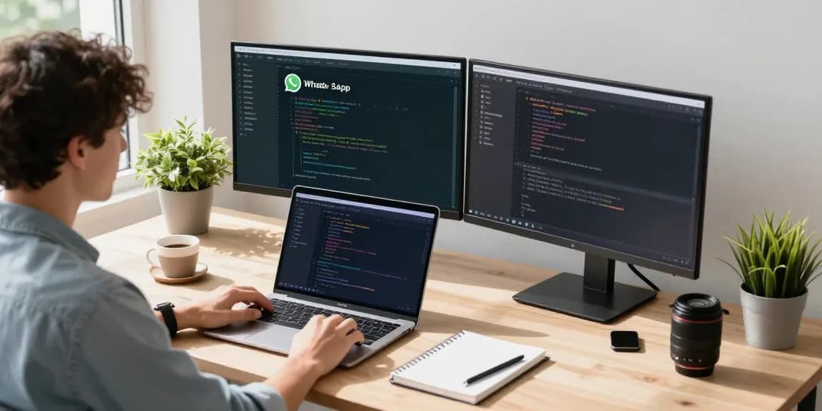 Workspace setup highlighting WhatsApp下載 app development on screens, conveying productivity in tech.