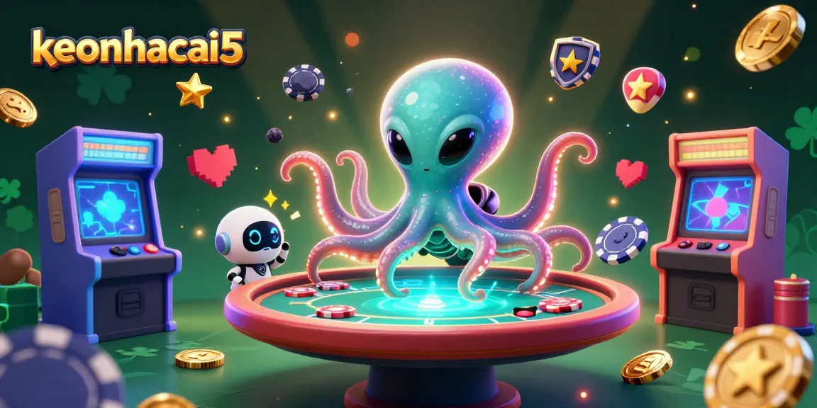 Join the action of keonhacai5 with an exciting 3D octopus at a poker table amidst vibrant gaming elements.