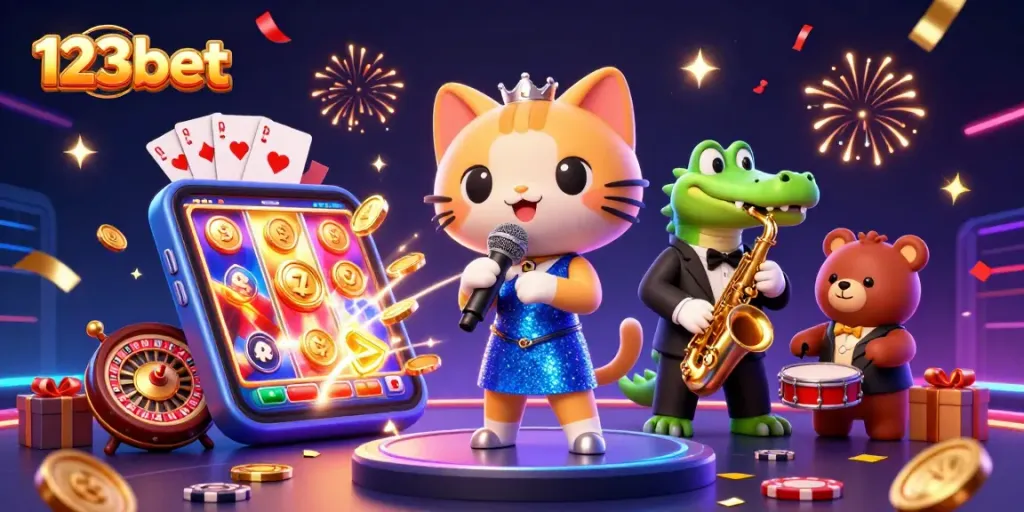 Engage with lively 123bet casino action featuring a jazz cat, crocodile, and bear cub.