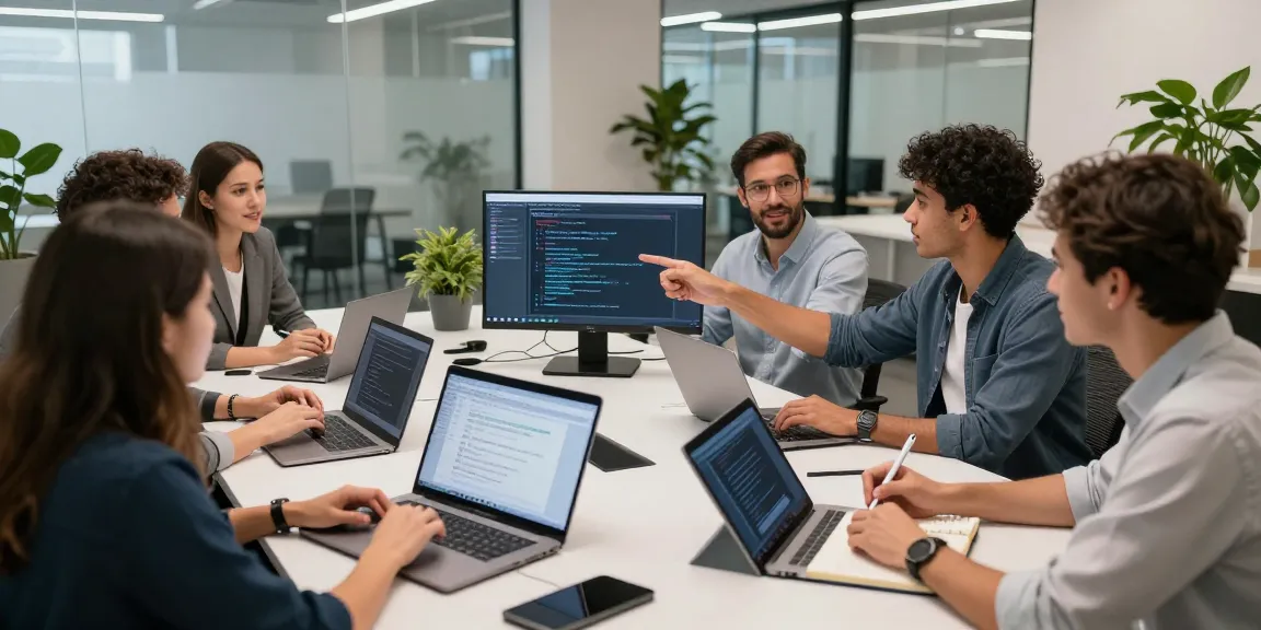 Diverse professionals collaborating on AI writing tools in a modern workspace, showcasing innovation and teamwork.