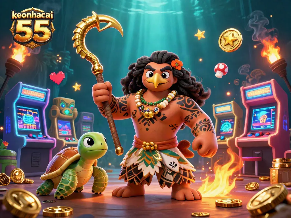 Engage in thrilling action at keonhacai 55 with vibrant 3D characters and casino game elements.