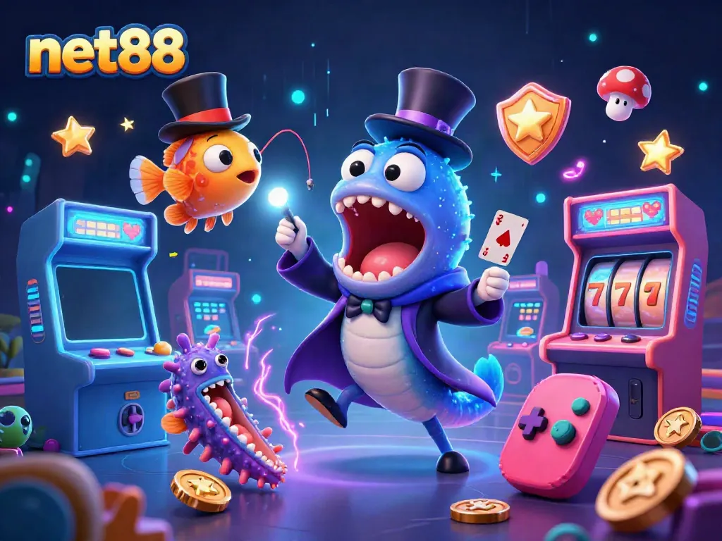 Experience exciting card tricks with net88's bioluminescent eel and anglerfish in this dynamic casino scene.