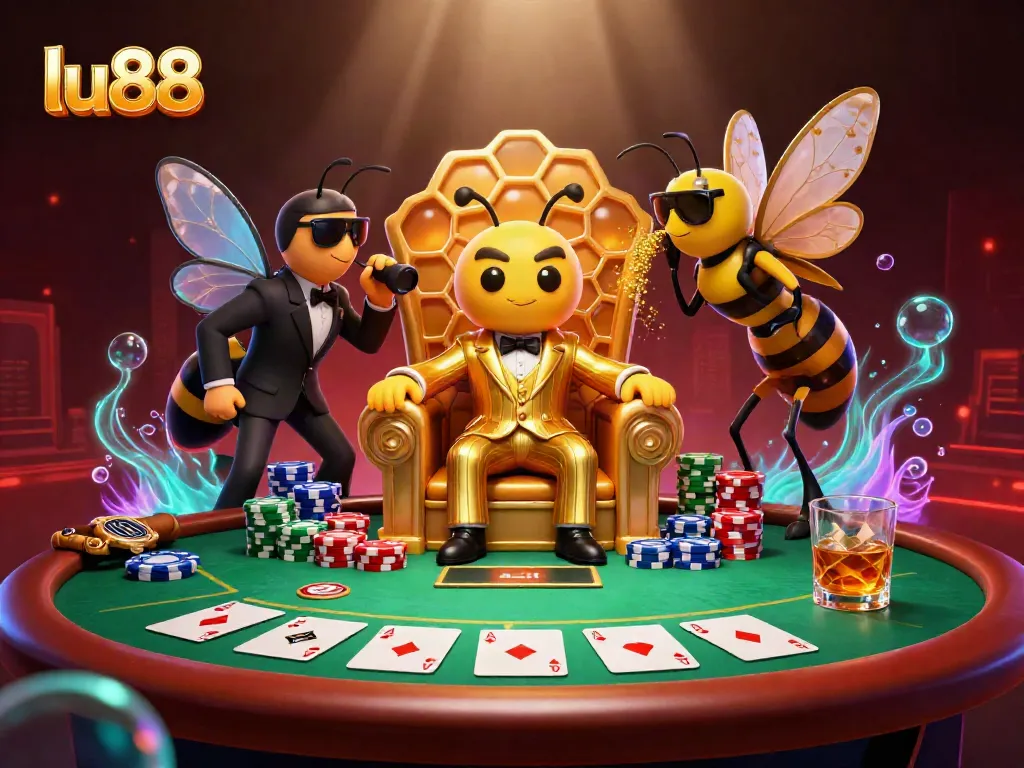 Engage in thrilling poker action at lu88 with a unique 3D cartoon illustration showcasing playful characters and vibrant casino elements.