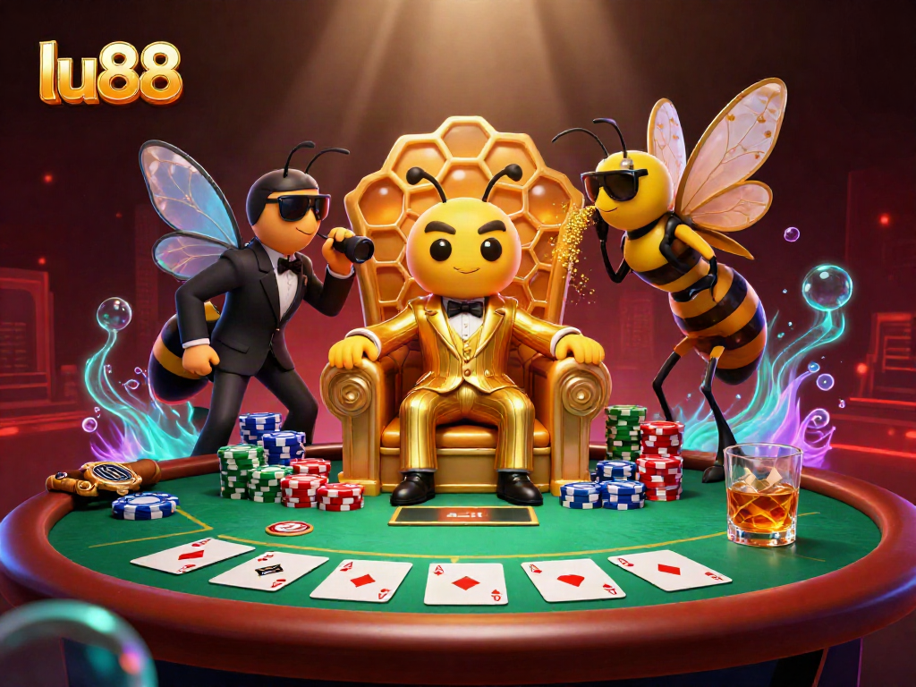 Engage in thrilling poker action at lu88 with a unique 3D cartoon illustration showcasing playful characters and vibrant casino elements.