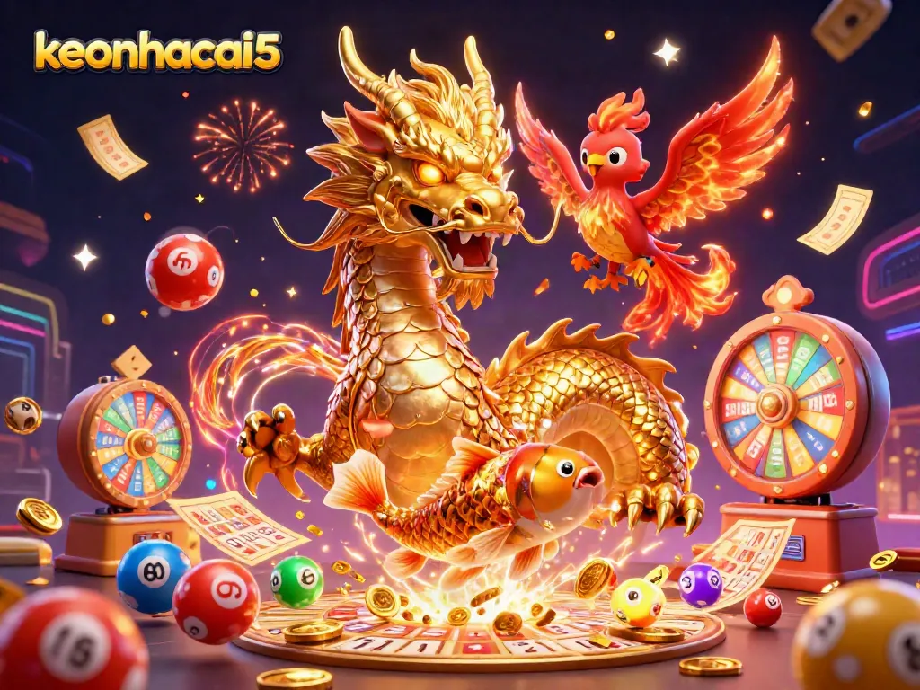 Engage with keonhacai5 for dynamic, exciting lottery and casino experiences highlighted by a vibrant dragon and phoenix.
