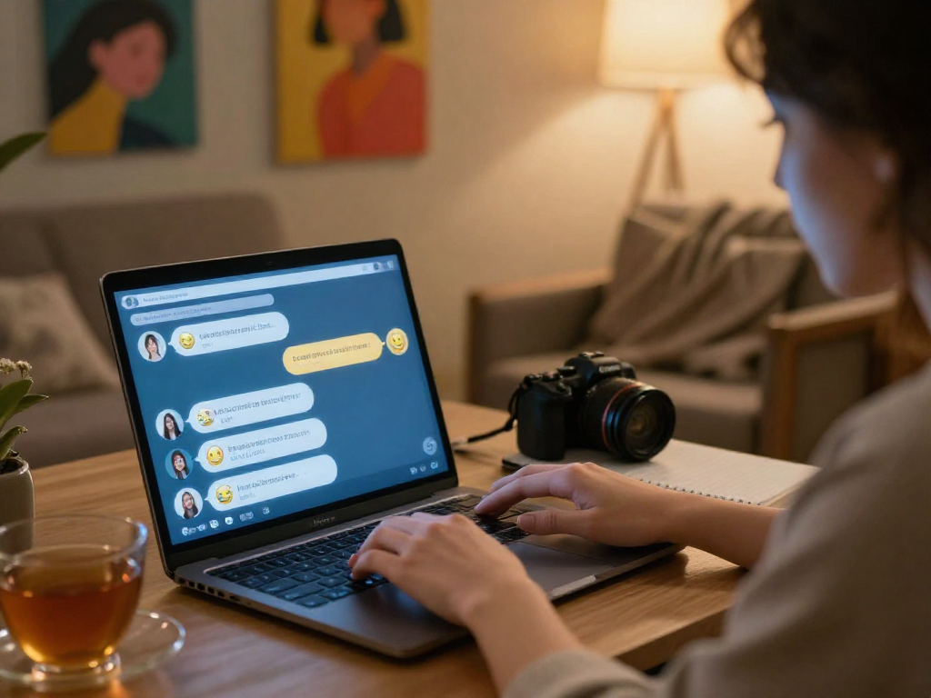 Engaging in ai sex chat through a cozy digital chat interface, illustrating intimate conversation.
