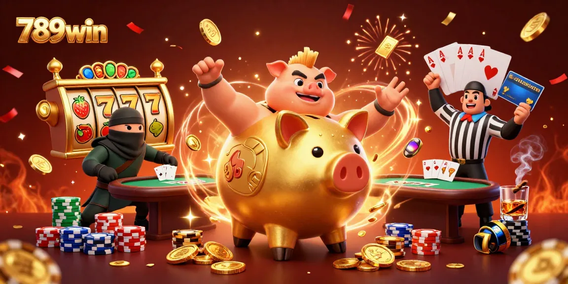 Engage with vibrant gaming action at 789win featuring a dynamic scene of a piggy bank sumo wrestler and ninja opponents.
