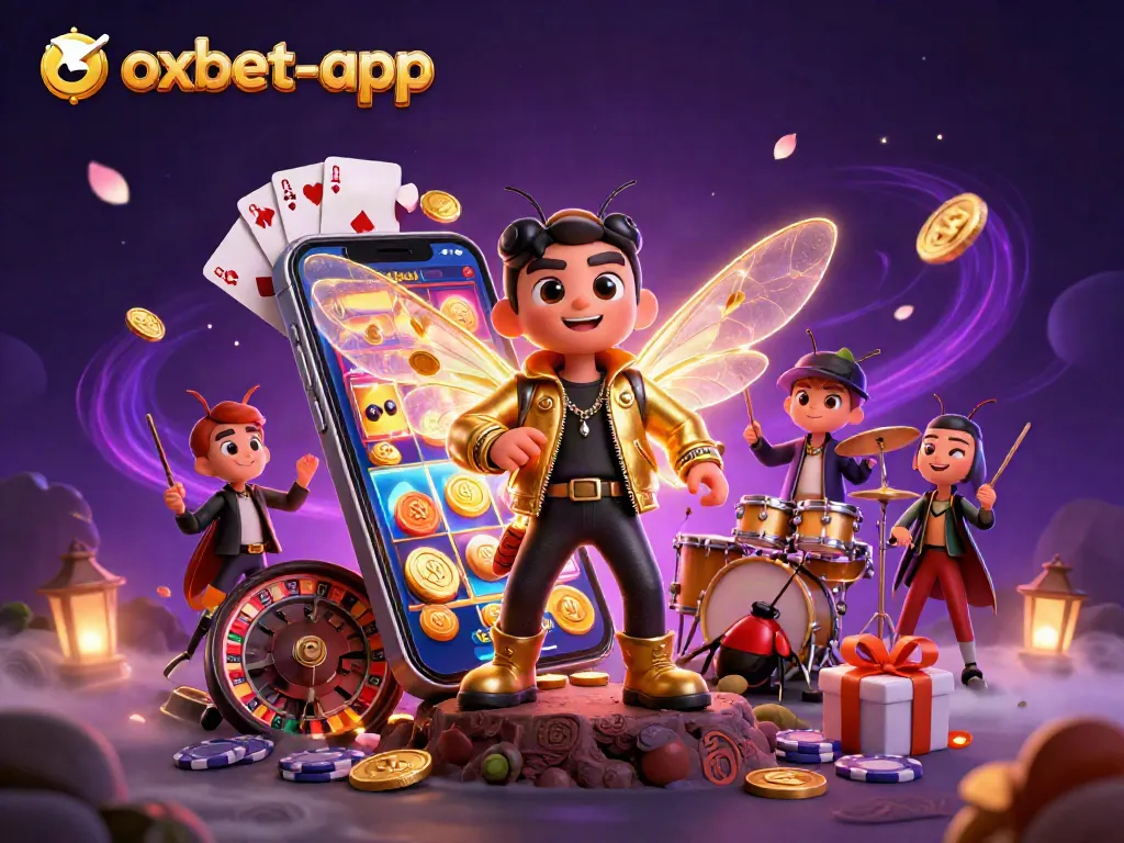Experience the vibrant energy of oxbet-app in this 3D illustration featuring a cartoon rock star and casino elements.