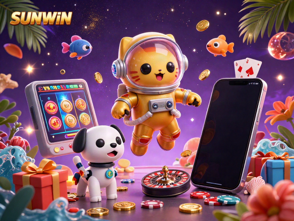 SUNWIN gameplay with colorful slot machines and a robotic dog in a vibrant casino atmosphere.