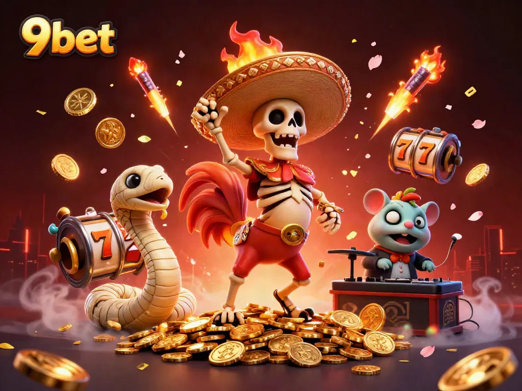 Experience thrilling jackpot wins with 9bet's dynamic casino celebration featuring vibrant characters and elements.