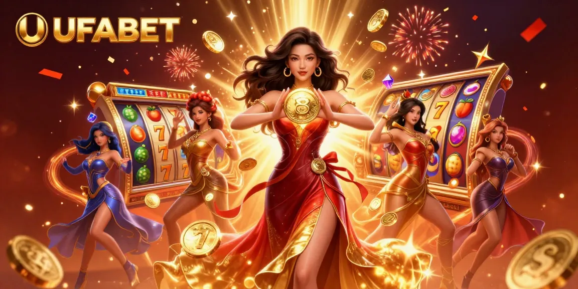 Experience winning with UFABET featuring a gorgeous Asian woman and vibrant slot elements in a 3D illustration.