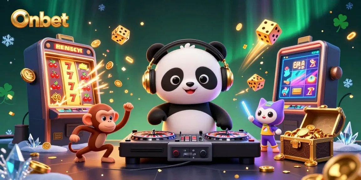 Engaging Onbet 3D illustration of a DJ panda, breakdancing monkey, and glowing kitten among casino elements.