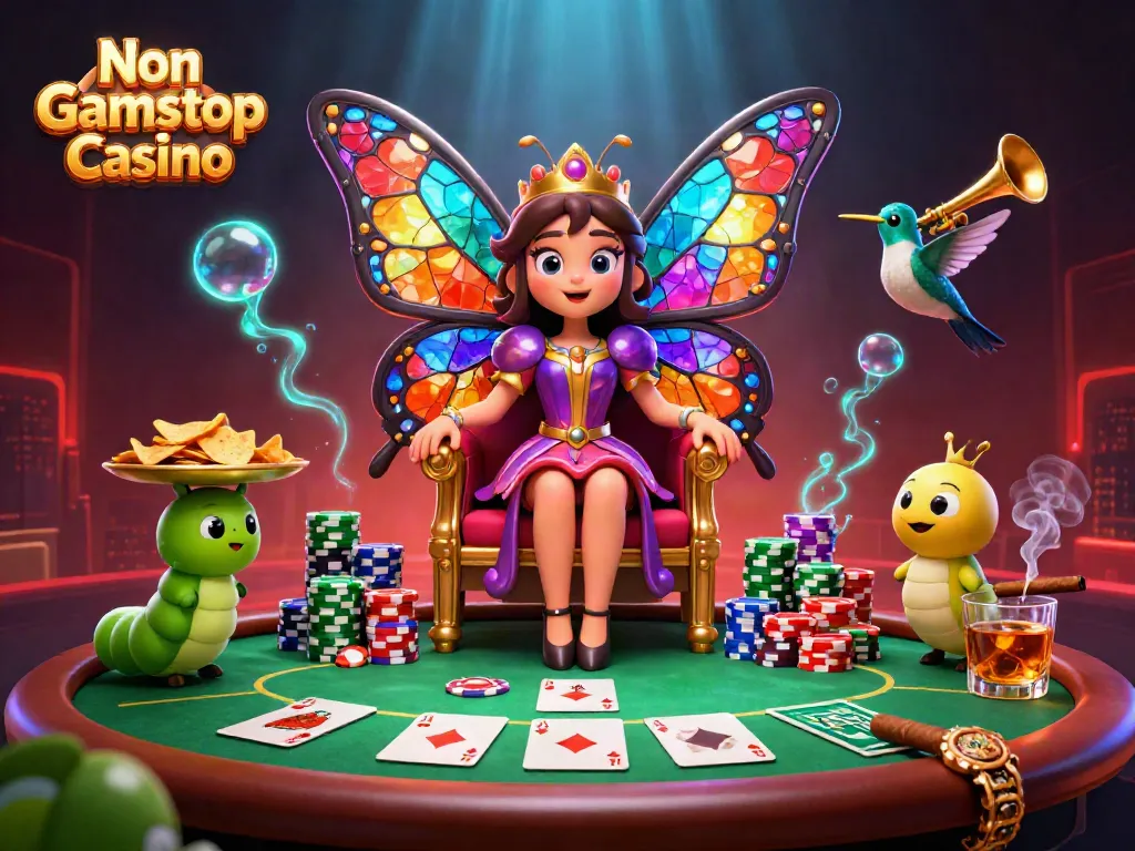 Engage in excitement at Non Gamstop Casino, featuring a vibrant butterfly queen amid colorful poker elements.