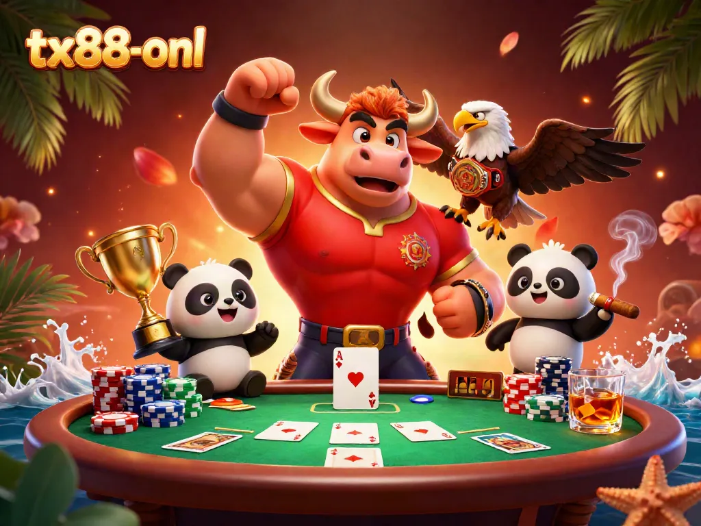 Engage with the exciting world of tx88-onl, where a bull mascot celebrates wins with poker elements in a vibrant casino.