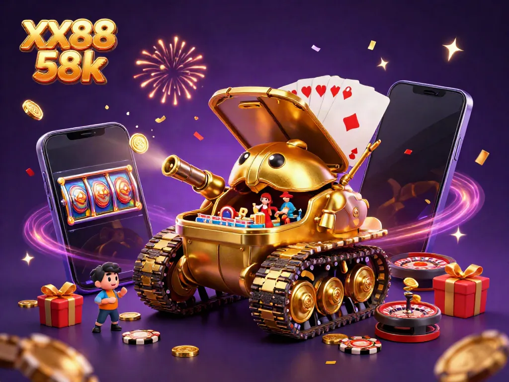 Win big with XX88 58k, celebrating a colorful slot game scene with confetti and casino highlights.
