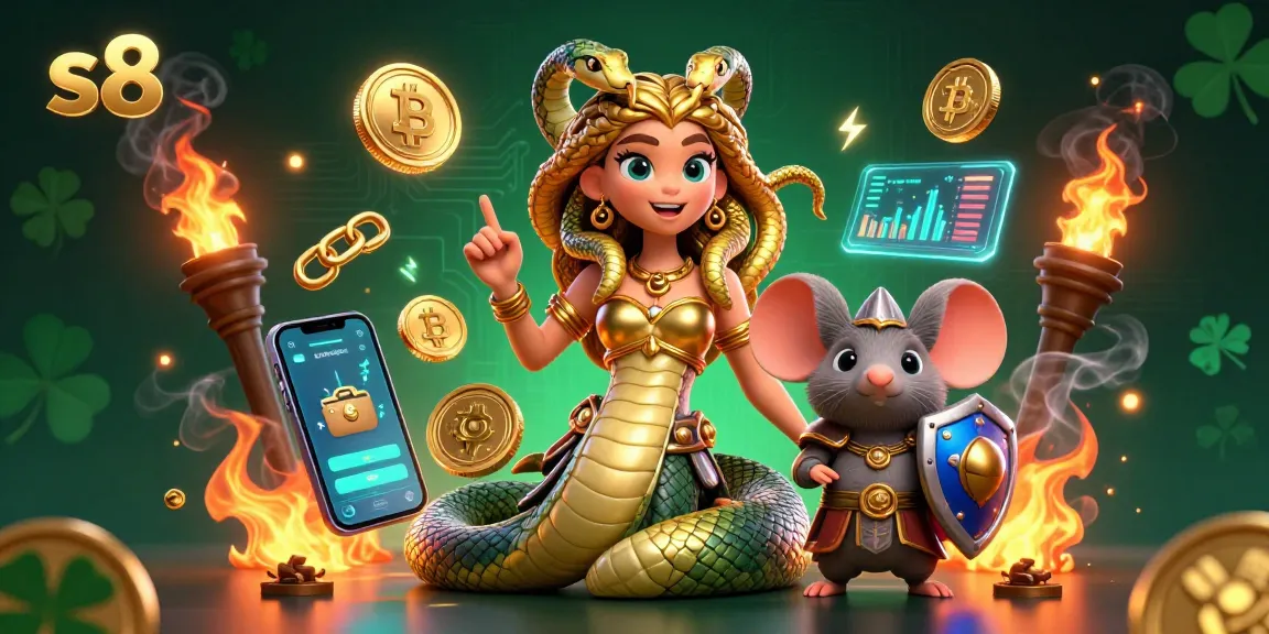 s8 players experience a vibrant 3D illustration of Medusa and a mouse surrounded by crypto gambling elements.