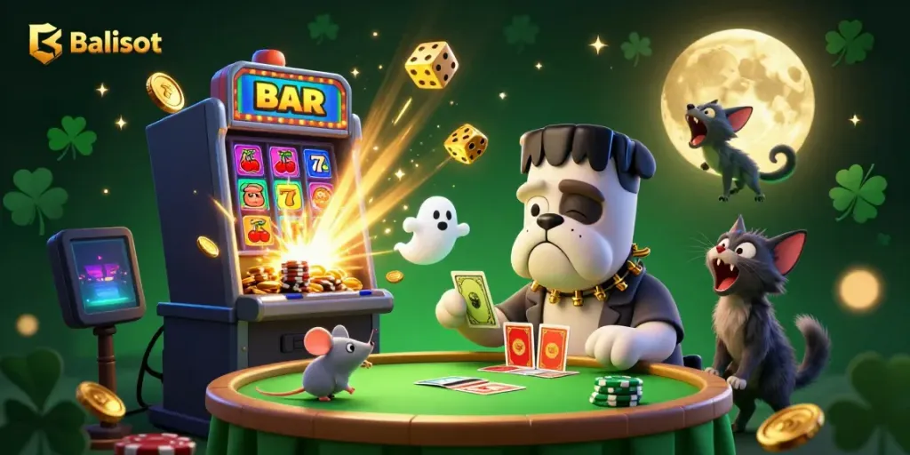 Experience thrilling Balislot action with a 3D cartoon scene of a monster dealing cards amidst explosive casino elements.