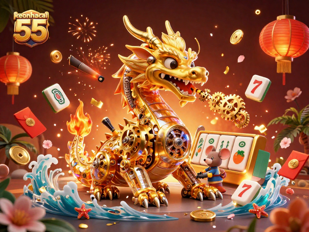 Spin the slots inspired by keonhacai 55 with a golden dragon and festive casino elements.