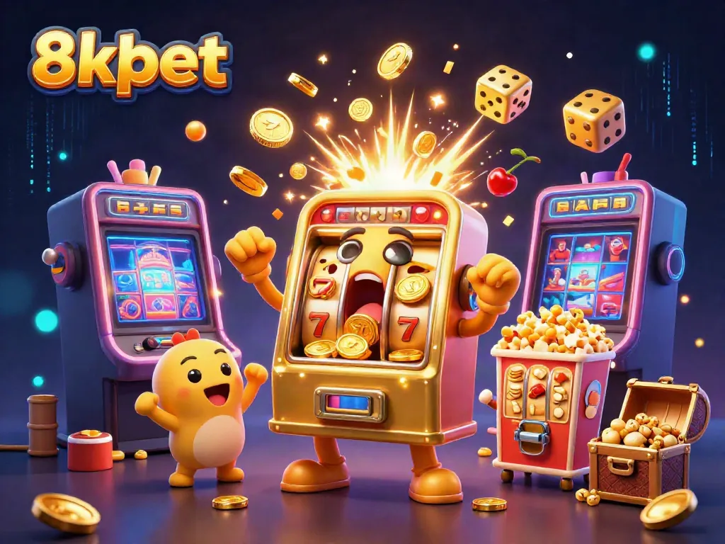 Experience 8xbet's thrilling slots with golden slot machines celebrating jackpot wins amidst colorful casino fun.