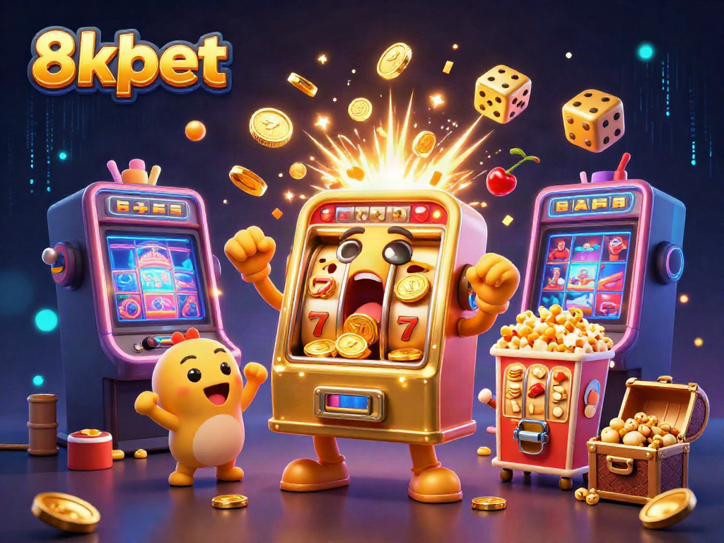 Experience 8xbet's thrilling slots with golden slot machines celebrating jackpot wins amidst colorful casino fun.