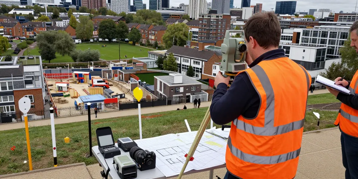 London land surveyors assessing a site with surveying equipment in an urban landscape.