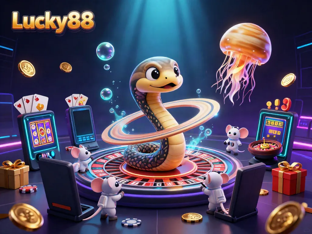 Experience the thrill of Lucky88 with a vibrant 3D illustration featuring a playful cosmic gambling scene.