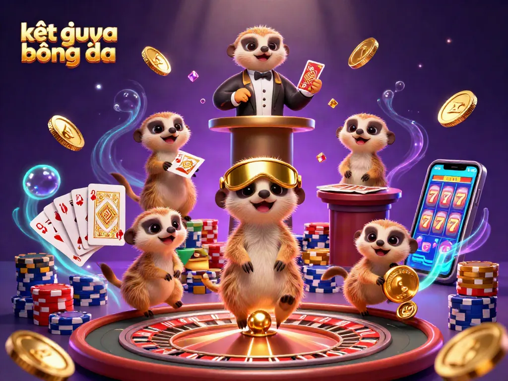 Watch kết quả bóng đá updates in a vibrant, dynamic casino scene with meerkats and gaming elements.