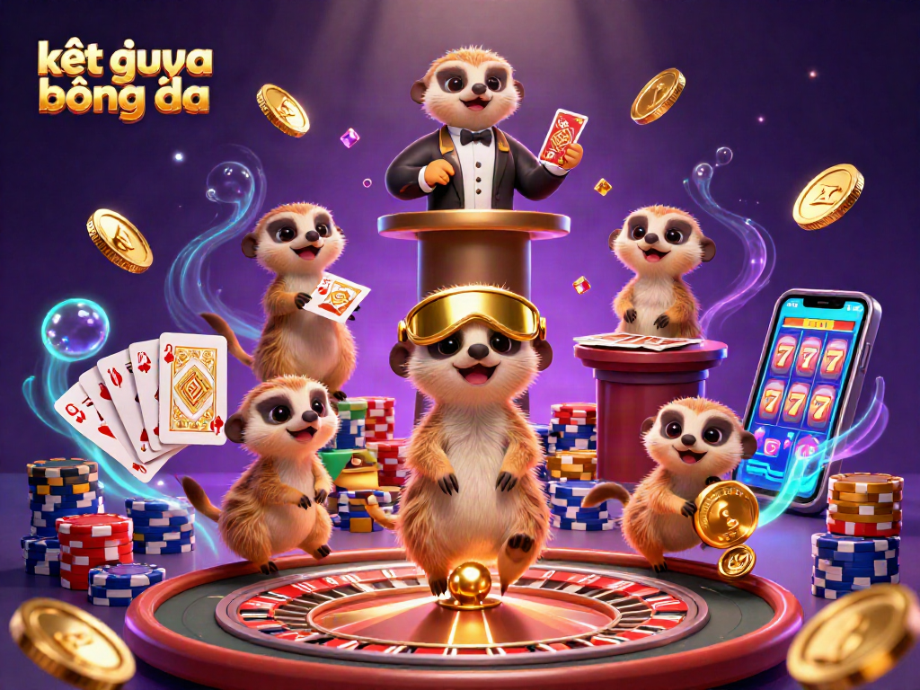 Watch kết quả bóng đá updates in a vibrant, dynamic casino scene with meerkats and gaming elements.