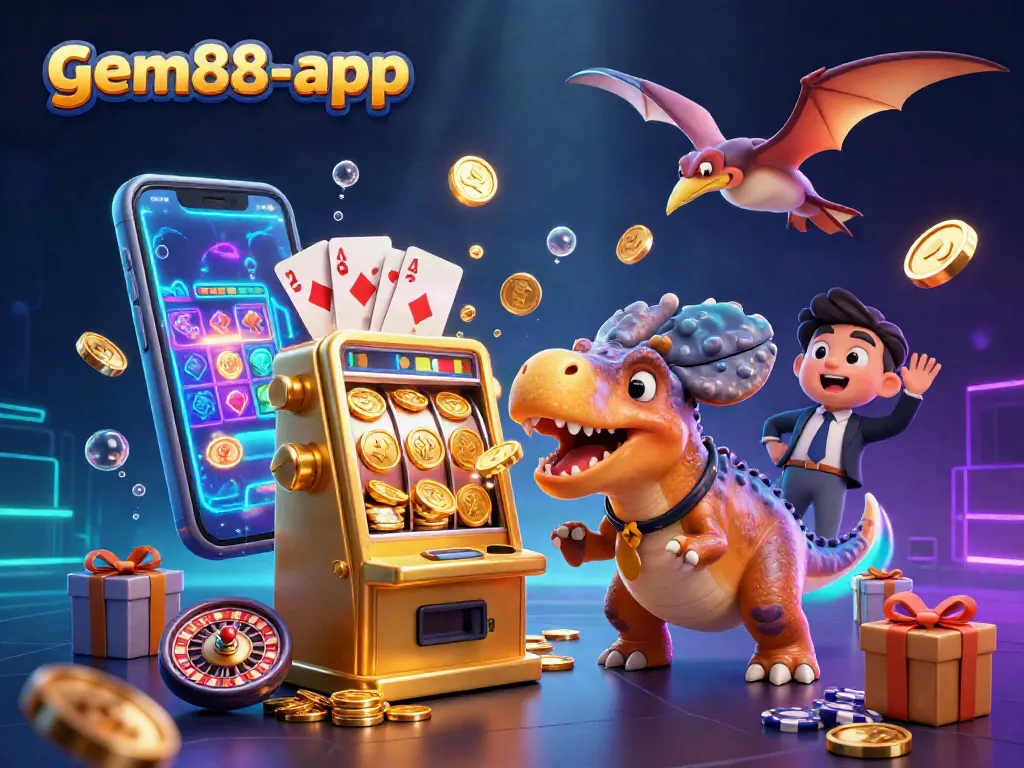 Experience the thrill of gem88-app with a 3D jackpot scene featuring dinosaurs and casino excitement!