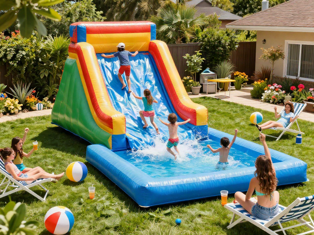 Children enjoying a water slide on a sunny day in a vibrant backyard.