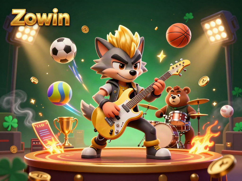 Zowin engages players with vibrant 3D casino scene featuring a rock star wolf and drummer bear, broadcasting excitement.