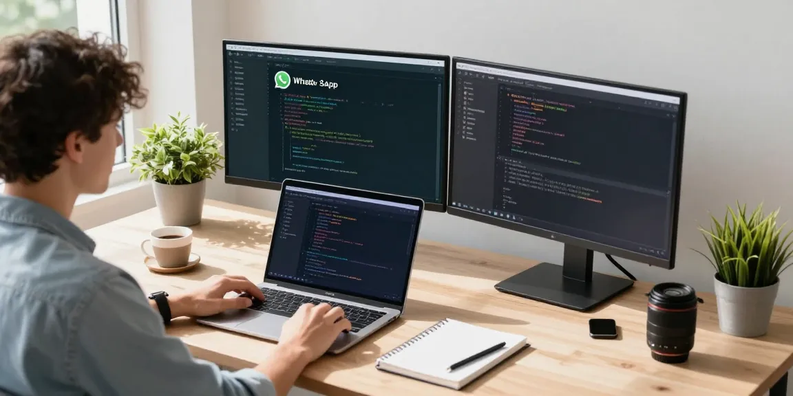 Workspace setup highlighting WhatsApp下載 app development on screens, conveying productivity in tech.