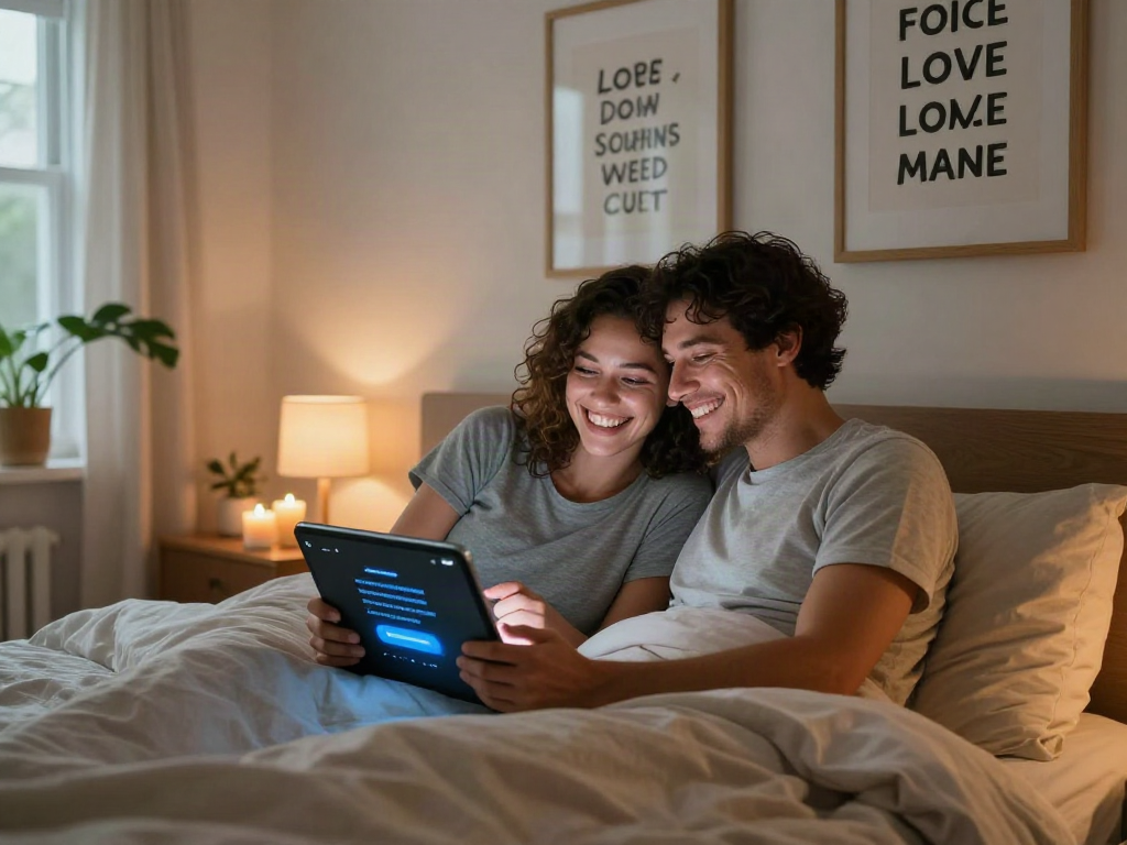 Couple using ai sex app to enhance intimacy in cozy bedroom