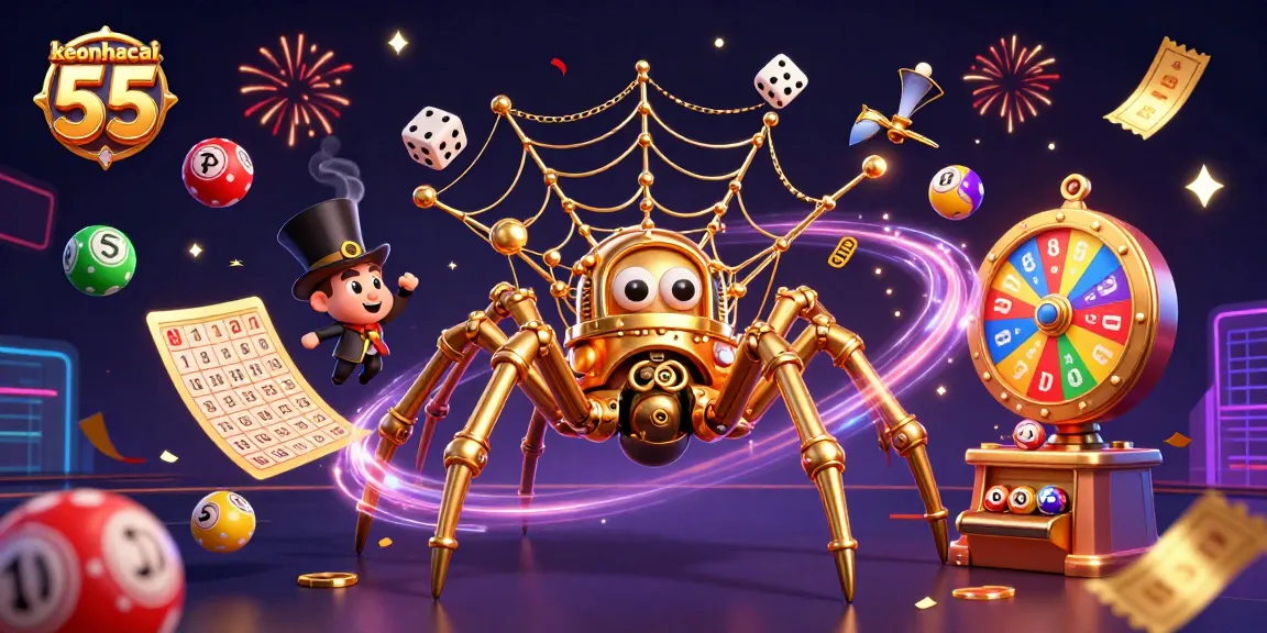 Engage with keonhacai 55 in a vibrant 3D casino scene featuring playful lottery elements and a whimsical spider.