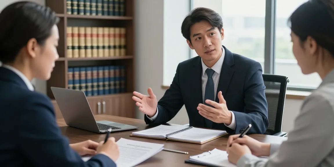 Lawyer consulting client about legal matters to find more info and solutions in a professional setting.