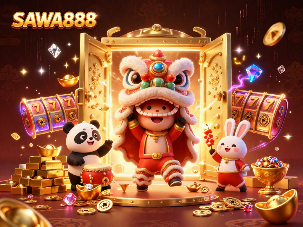 Experience the excitement at SAWA888 with vibrant colors and dynamic slot action, highlighting the festive atmosphere.