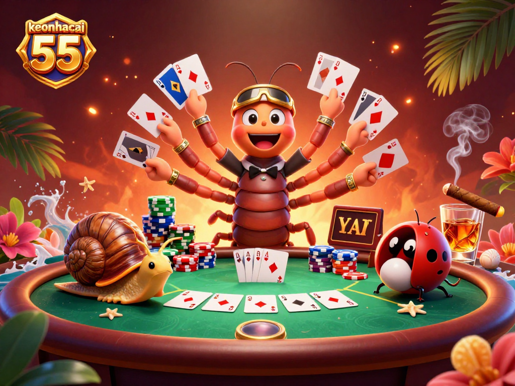 Engage in thrilling games with keonhacai 55 while watching a cartoon millipede dealer and high-roller characters at a vibrant poker table.