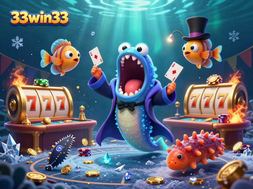 Engage with 33win33's thrilling card tricks in this vibrant underwater casino setting.