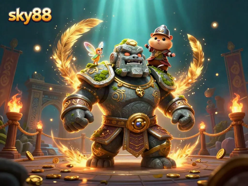 Join the excitement at sky88 with dynamic characters and casino elements in a vibrant gaming illustration.