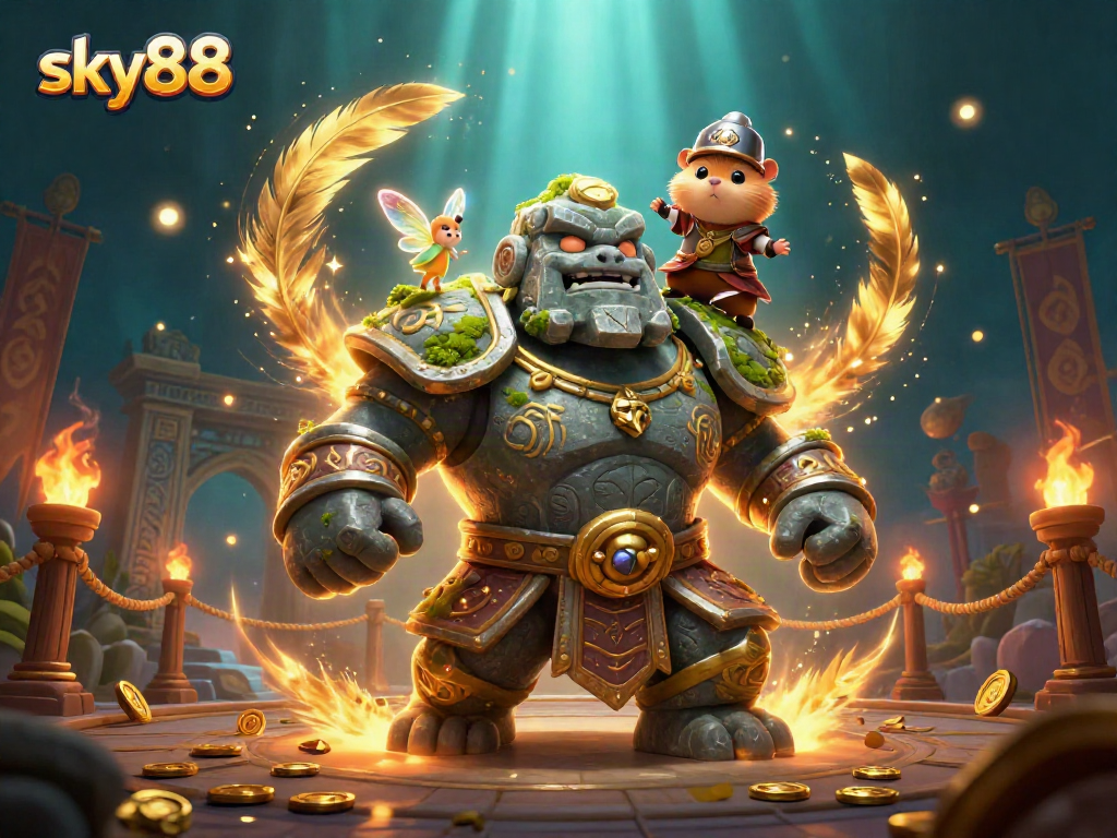 Join the excitement at sky88 with dynamic characters and casino elements in a vibrant gaming illustration.
